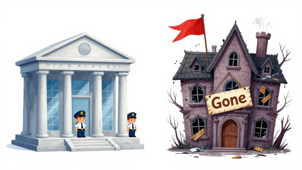Cartoon comparing a safe transparent bank to a crumbling scam exchange house.