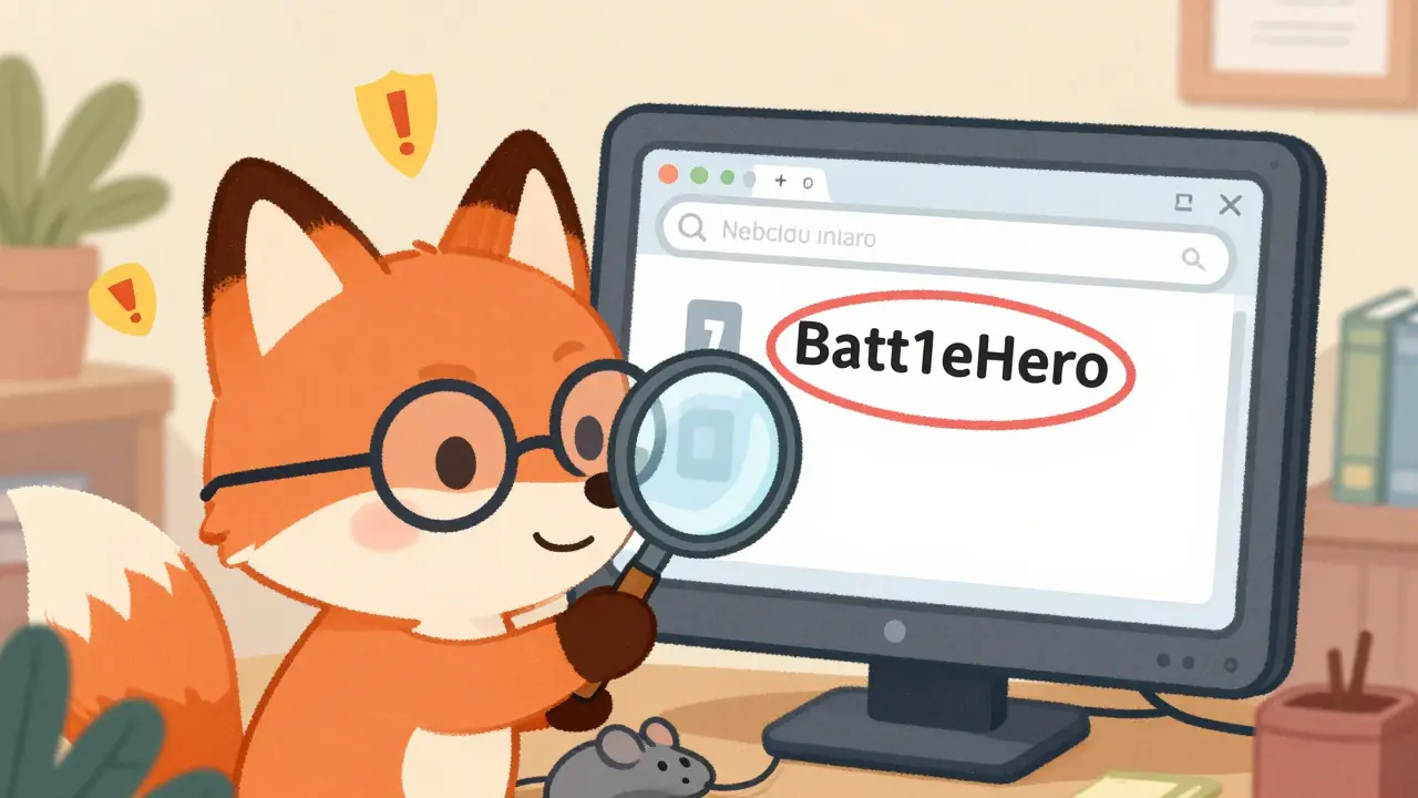 Cartoon fox inspecting a misspelled URL with a magnifying glass