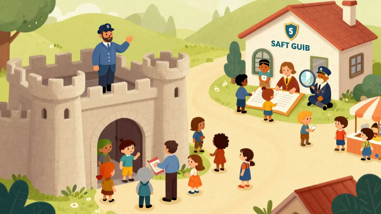 Cartoon marketplace showing safe token sales and exchanges