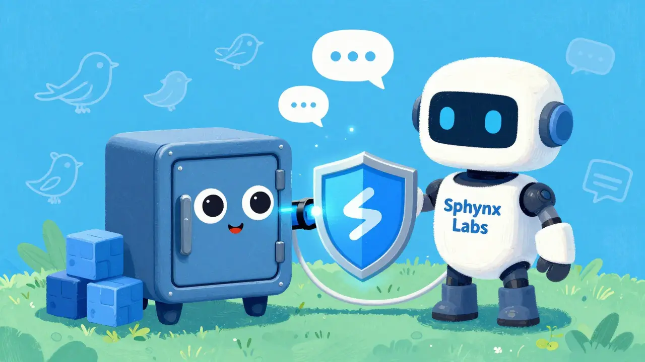 Cartoon wallet connecting to a robot platform with security shields