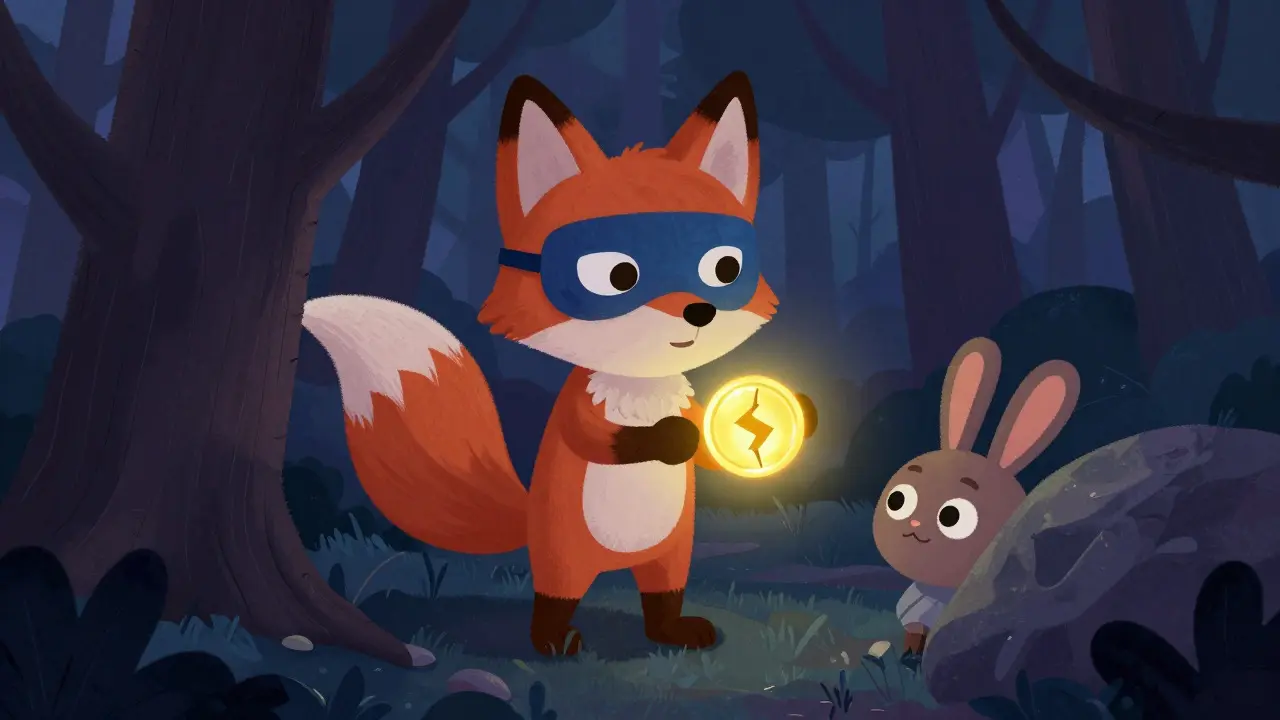 Cautious rabbit avoiding a masked fox offering a cracked token