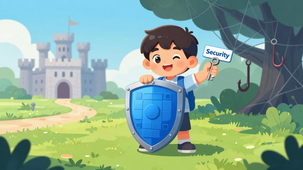 Character holding a shield against phishing webs and fake links