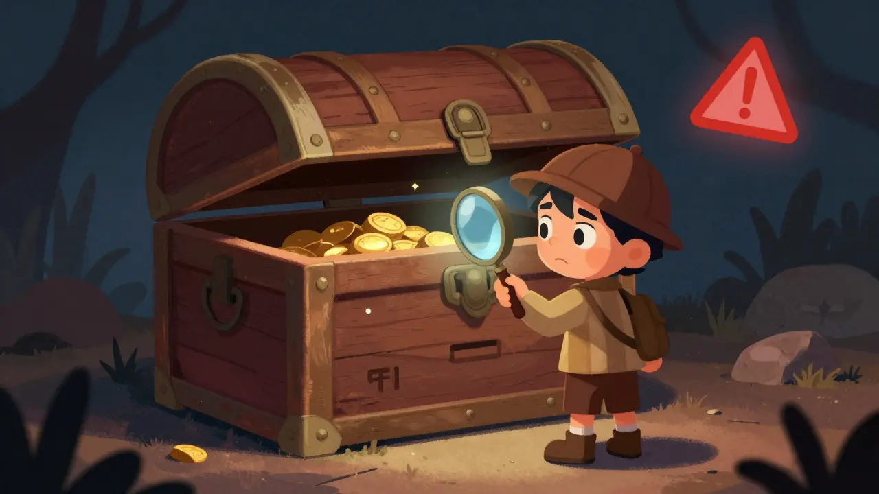 Child detective inspecting a mysterious empty treasure chest