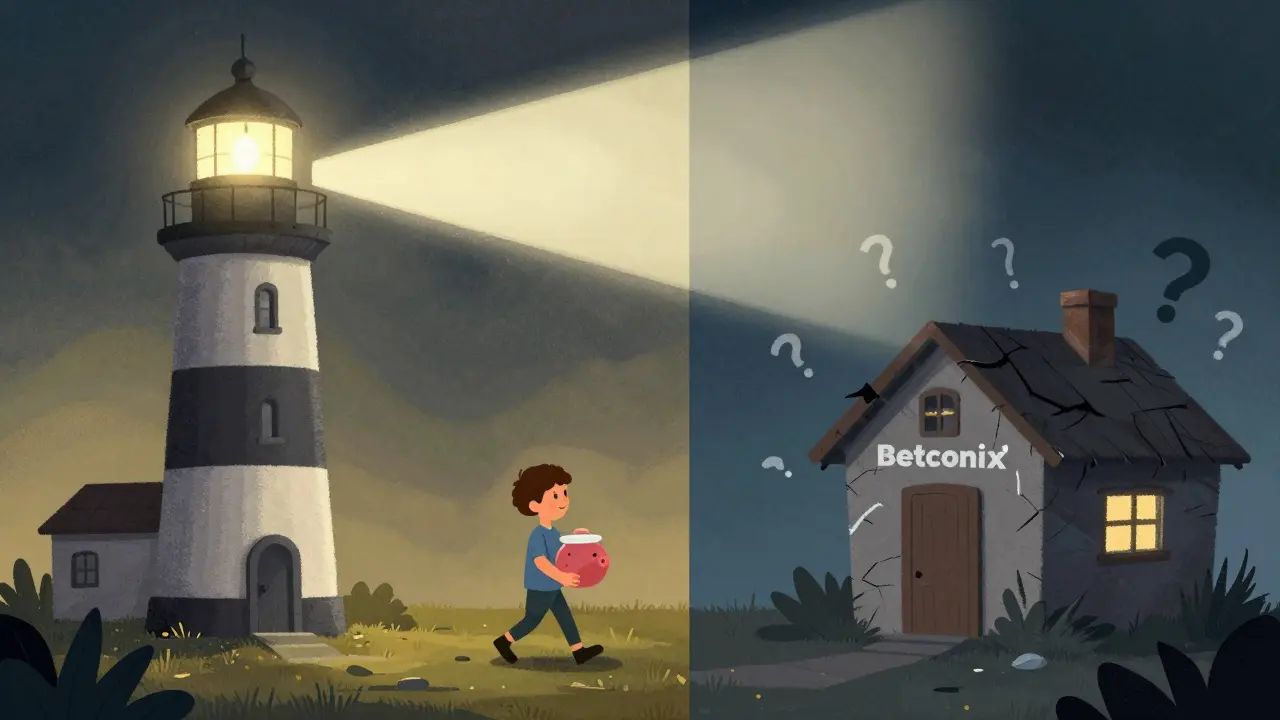 Child walking towards safe exchange lighthouse away from shady shack