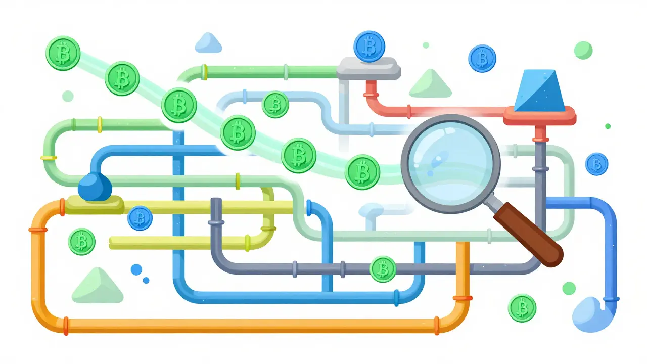 Colorful maze of pipes showing crypto money laundering