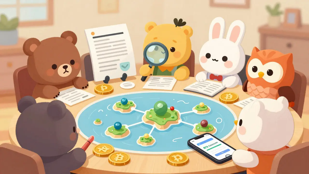 Cute animal characters discussing crypto assets and researching DeFi protocols together at a table.