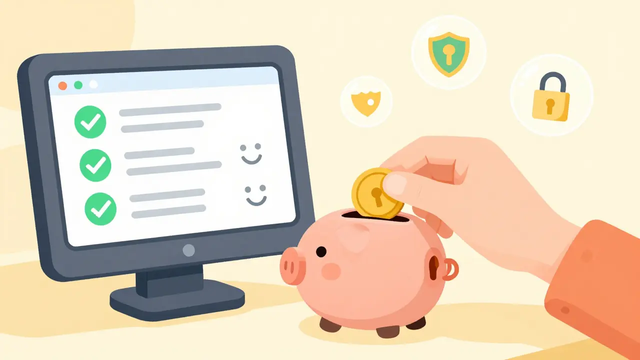 Cute hardware wallet and secure dashboard on a cozy, illustrated desk.