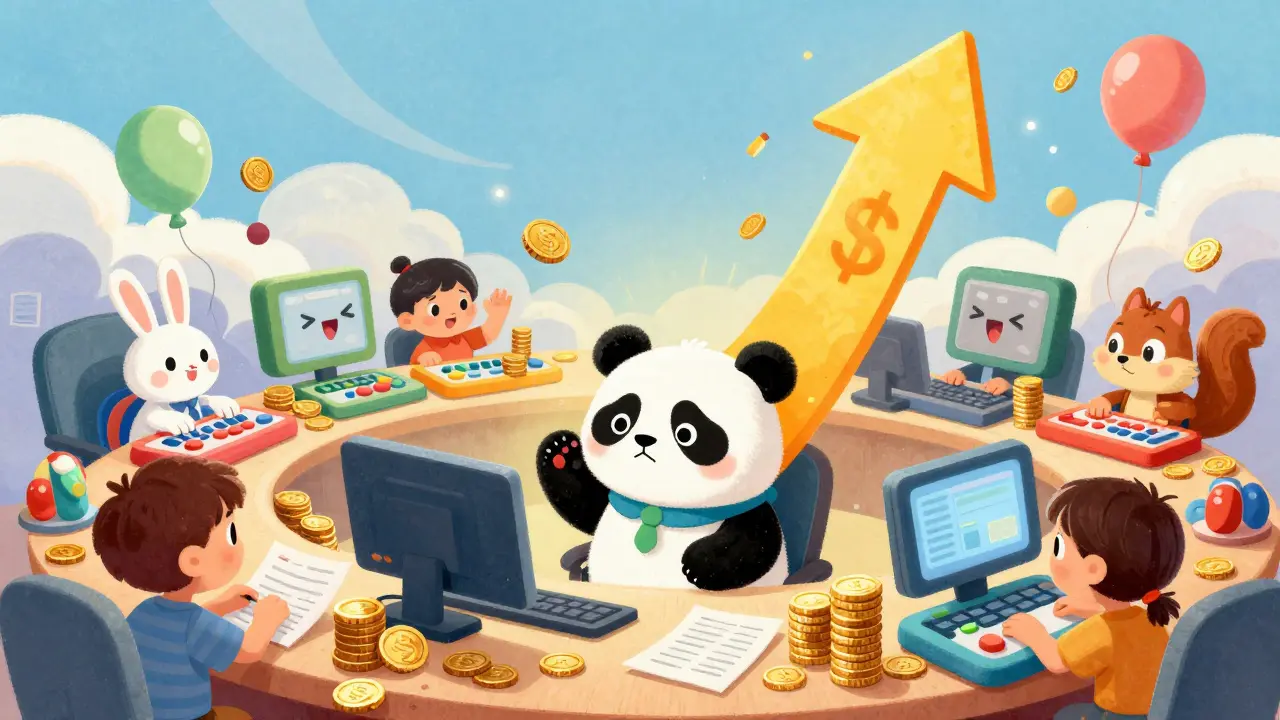 Cute panda trader amidst chaotic, artificially inflated trading activity