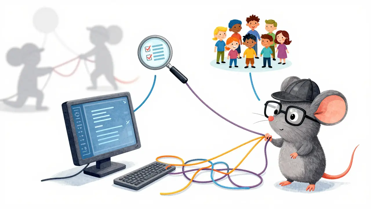 Detective mouse untangling webs of verification steps while avoiding shadowy scam figures.