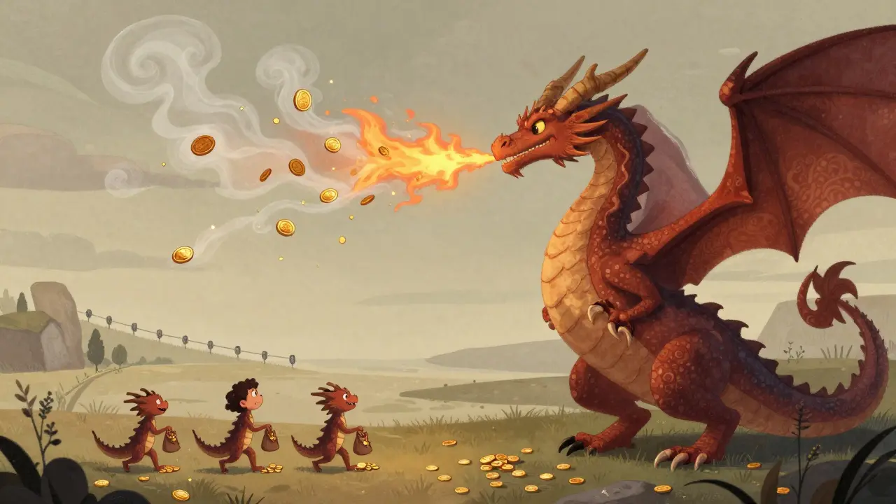 Elder dragon burning coins to show deflationary tokenomics