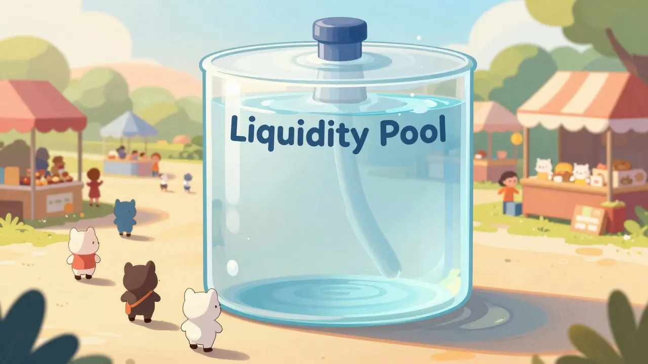 Empty liquidity pool tank with characters leaving for a busy market, showing capital flight.