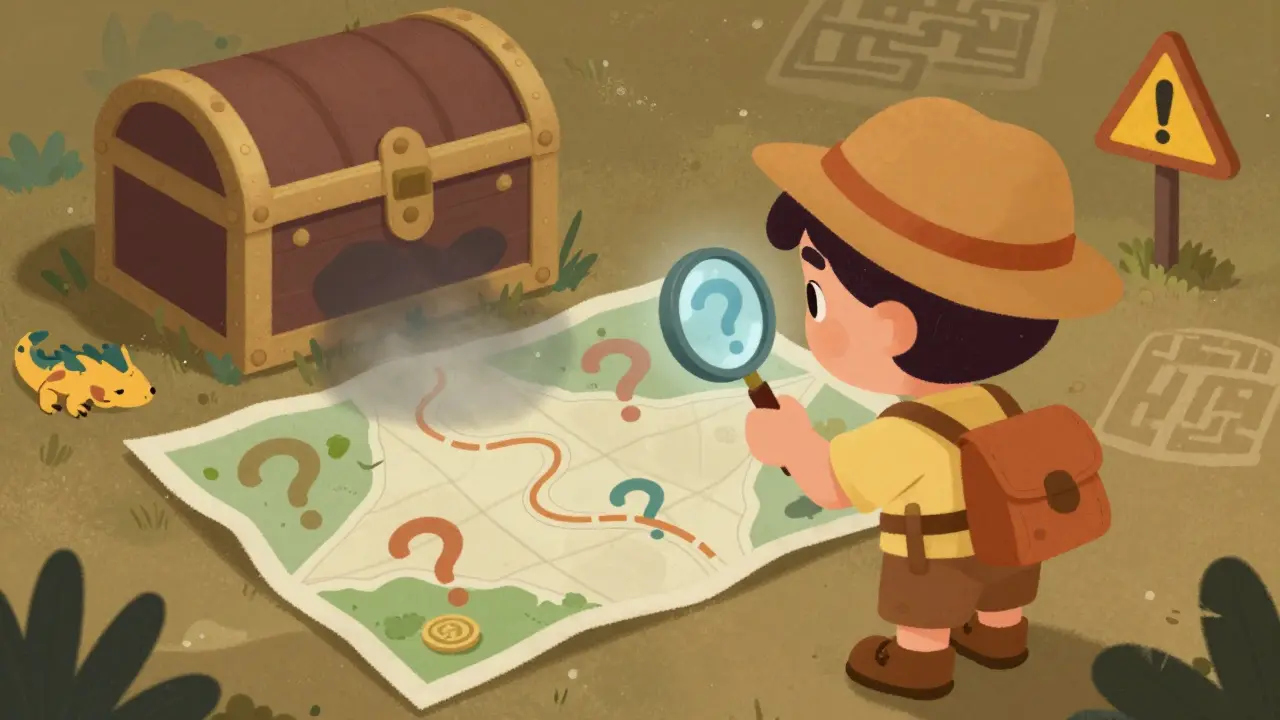Explorer examining a mysterious map with question marks