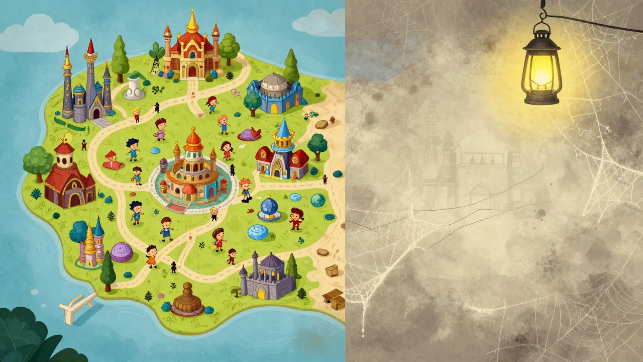 Faded map of an ancient kingdom showing dormant status and dust