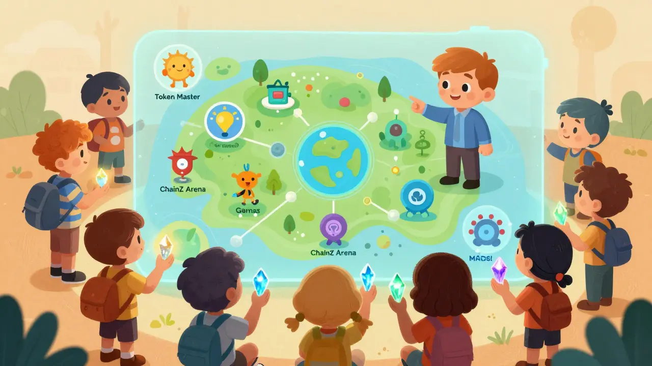 Friendly cartoon guide teaching adventurers about the MOBOX gaming ecosystem map.