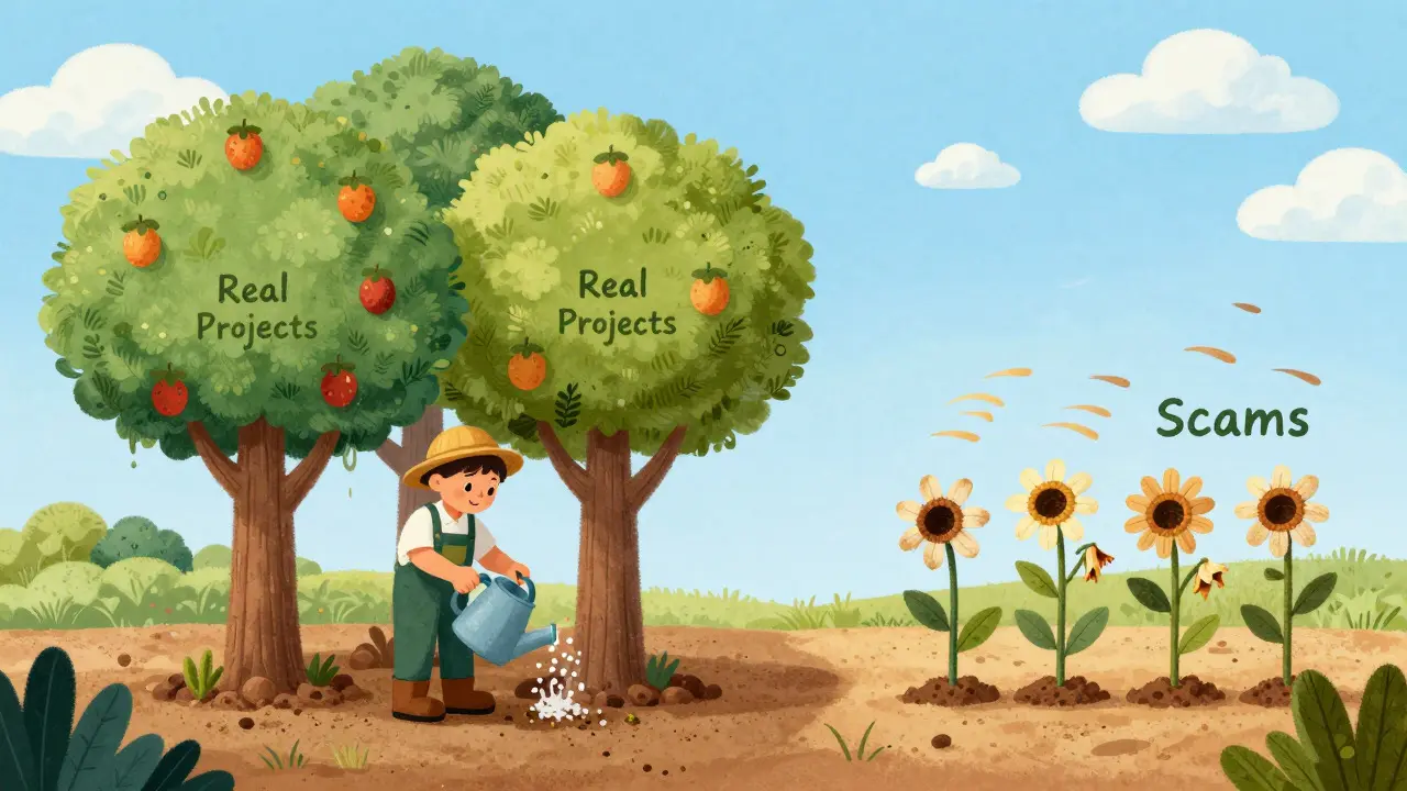 Gardener tending to healthy real project trees while fake scam flowers blow away in wind.