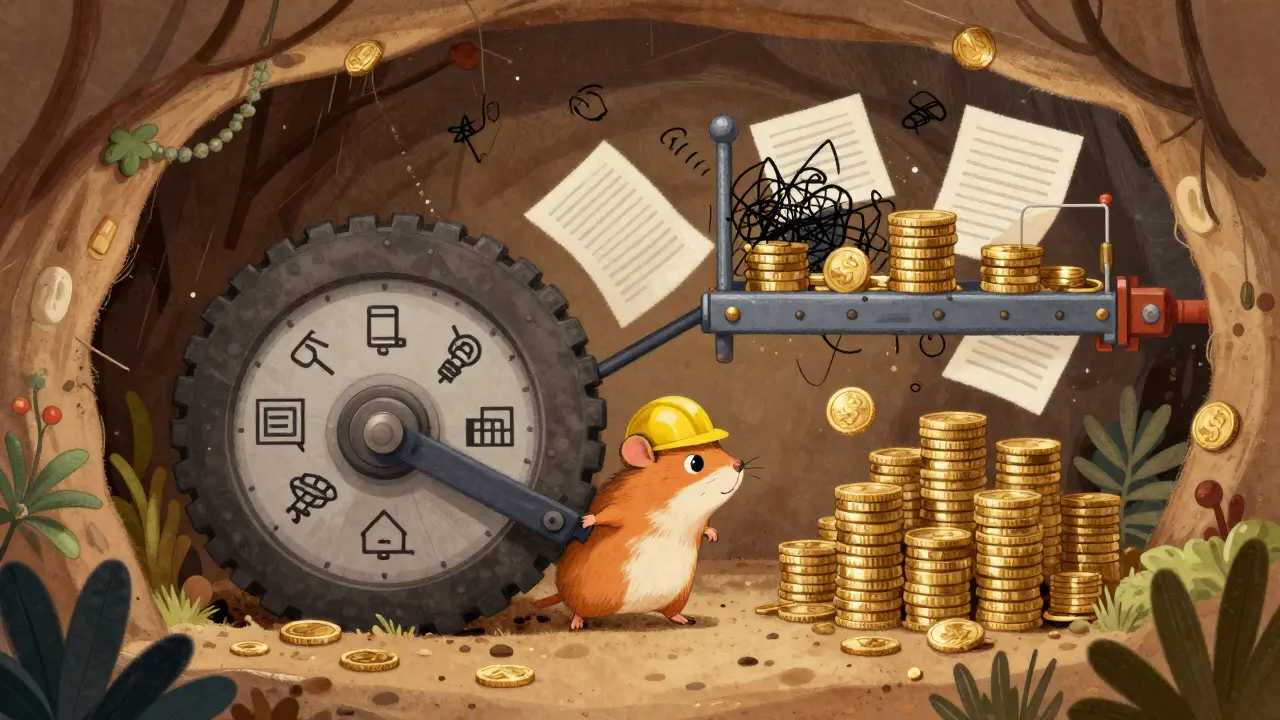 Hamster in hard hat pushing a wheel in a machine that creates gold coins