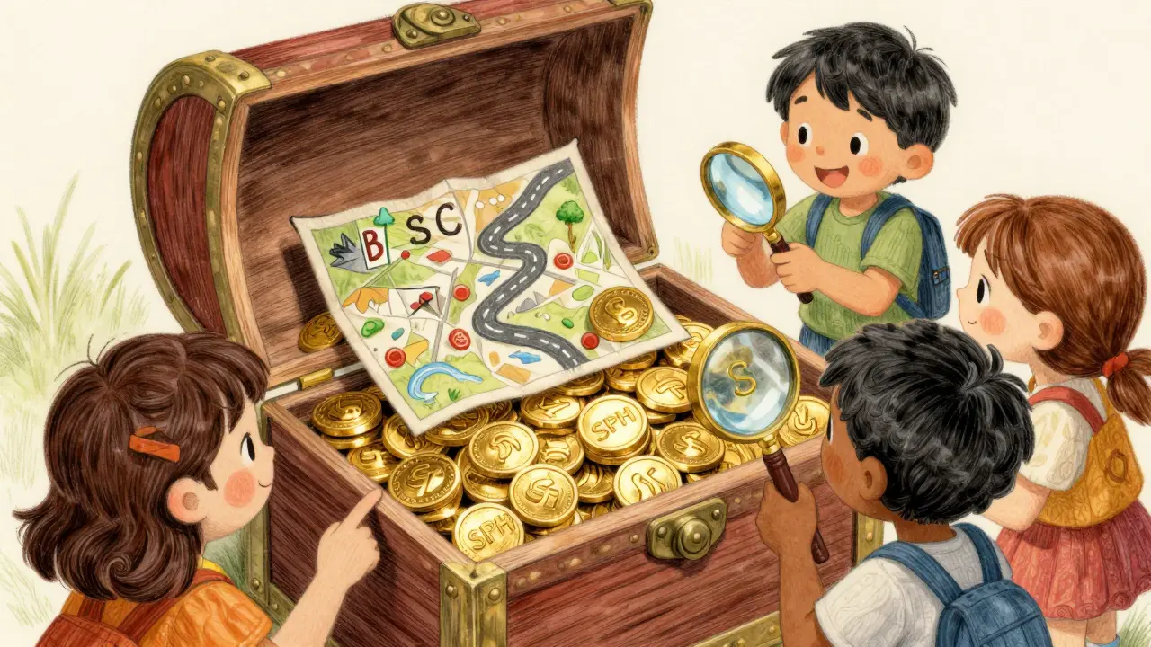 Happy children discovering SPH tokens in a treasure chest with a map