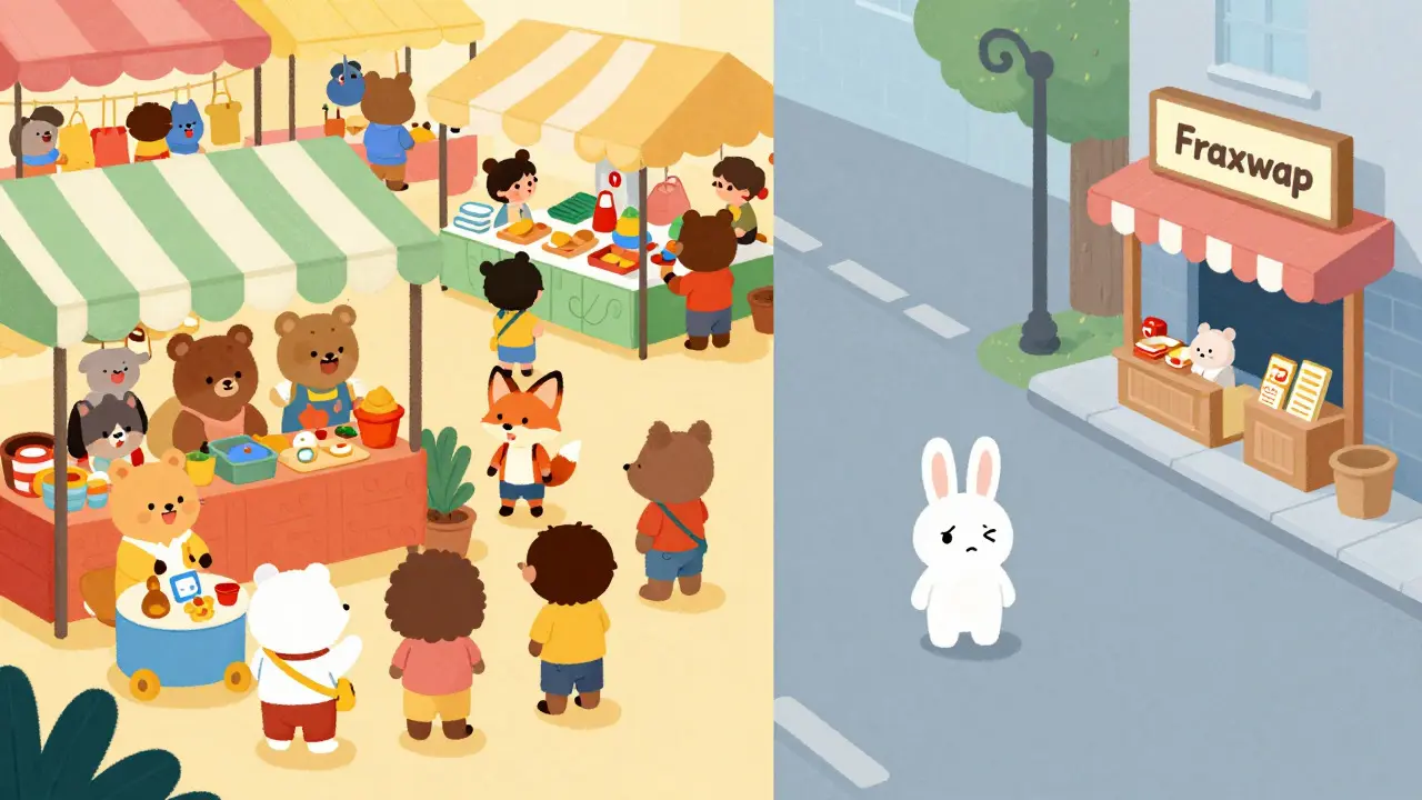 Illustration comparing a busy market with an empty street to show liquidity differences.