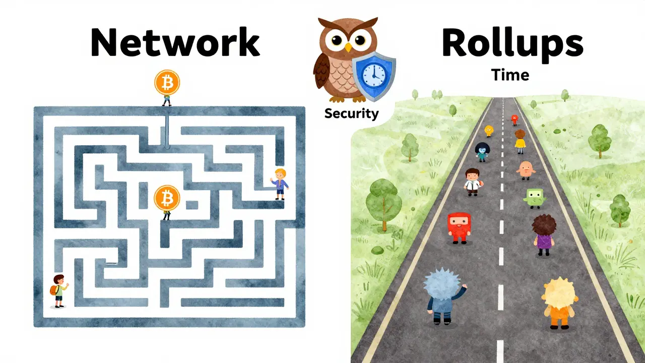 Illustration comparing Lightning Network routing vs Rollup efficiency