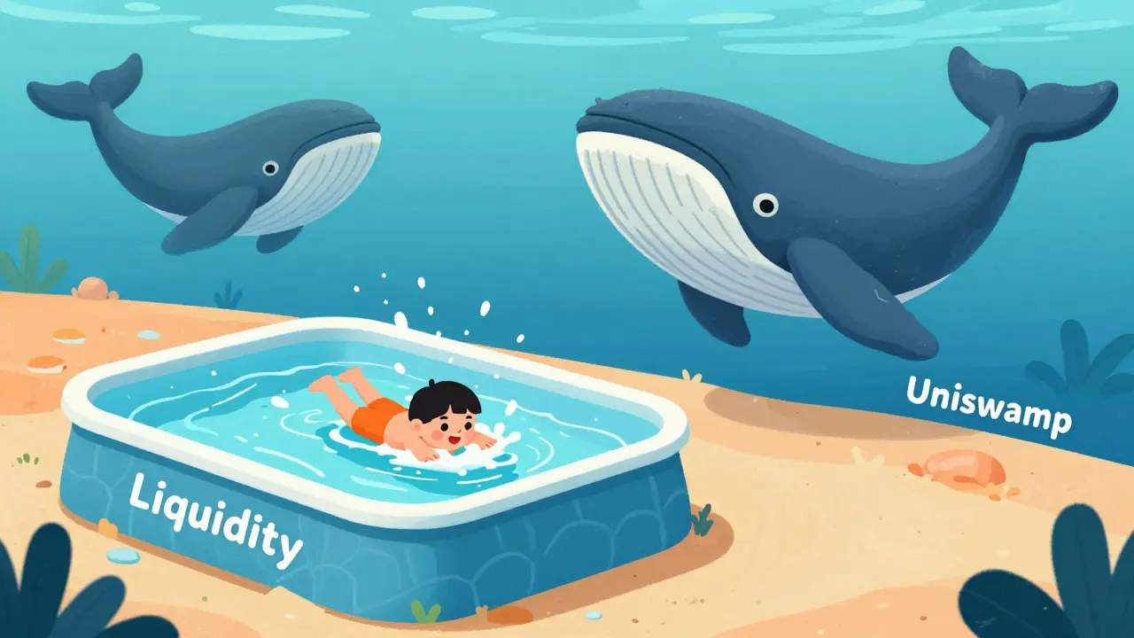 Illustration comparing shallow liquidity pool to deep ocean market safety