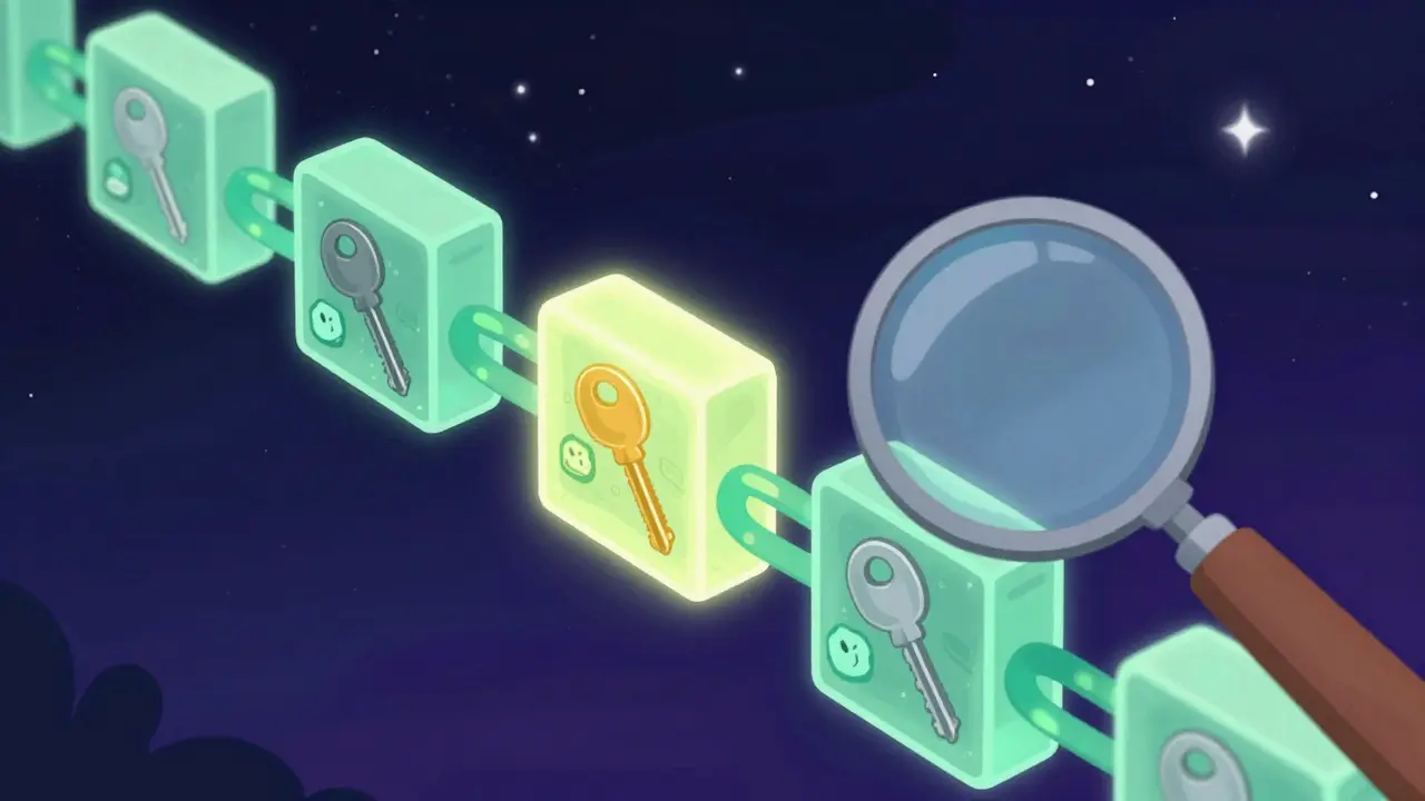 Illustration of mixed keys inside blockchain blocks, with a blurred magnifying glass showing anonymity.