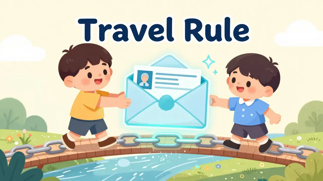 Illustration of two characters exchanging a transparent envelope on a blockchain bridge