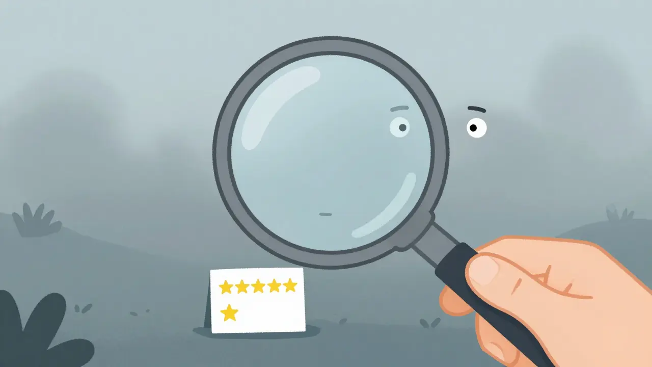Magnifying glass revealing tiny, unreliable user reviews