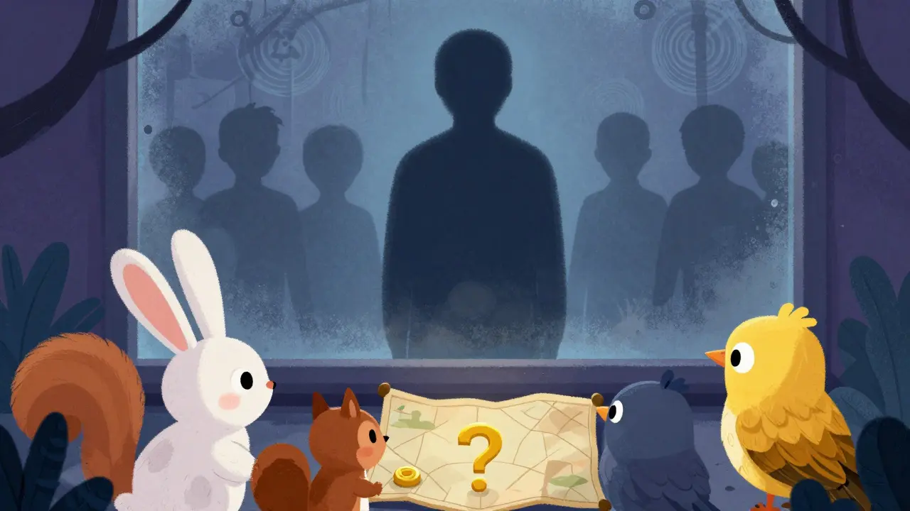 Mysterious silhouette behind glass with curious animals