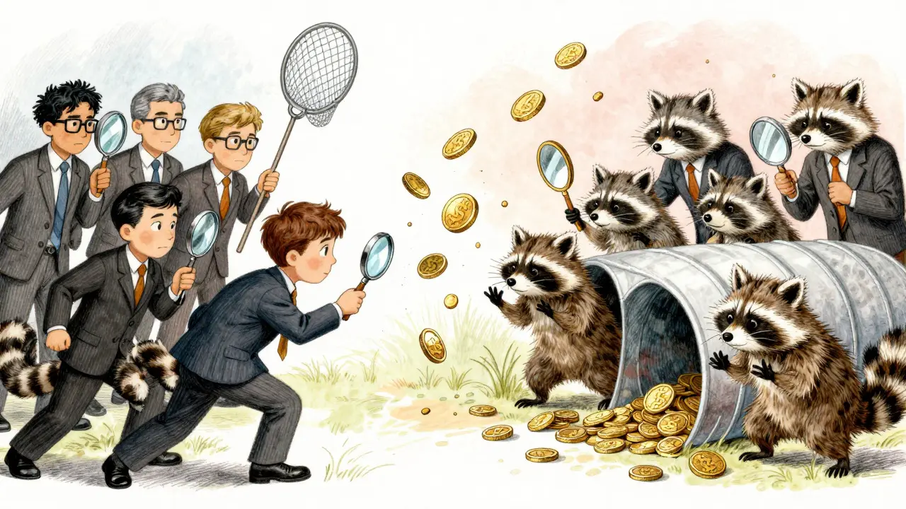 Regulators chasing coins while animals hide them in tunnels