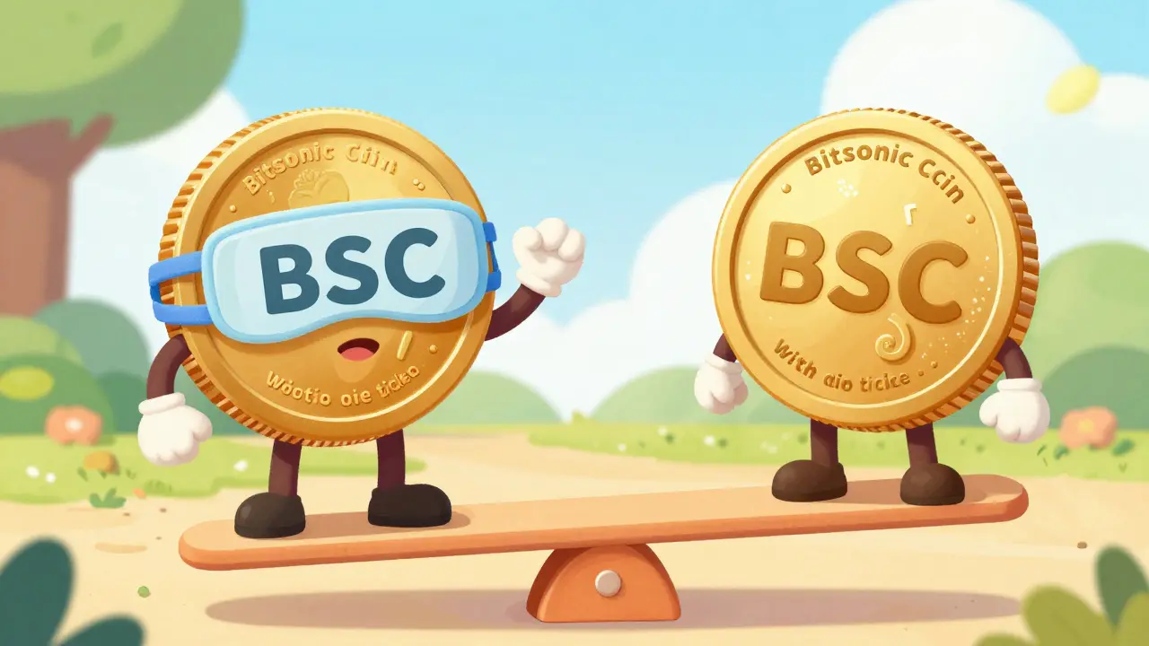 Two similar BSC coins causing confusion on a seesaw.