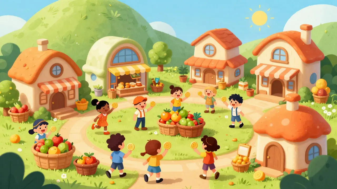 Vibrant, busy trading square with happy characters exchanging coins, representing active DEXs.
