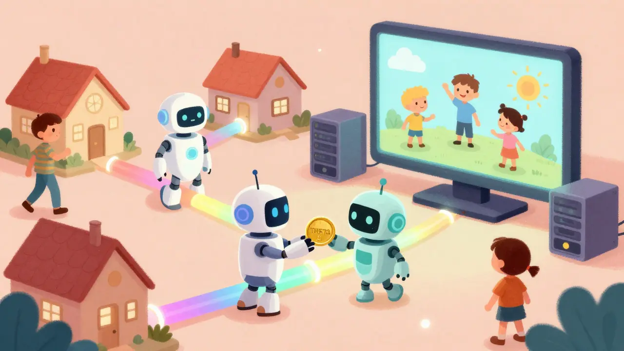 Whimsical scene of people sharing bandwidth for video streaming