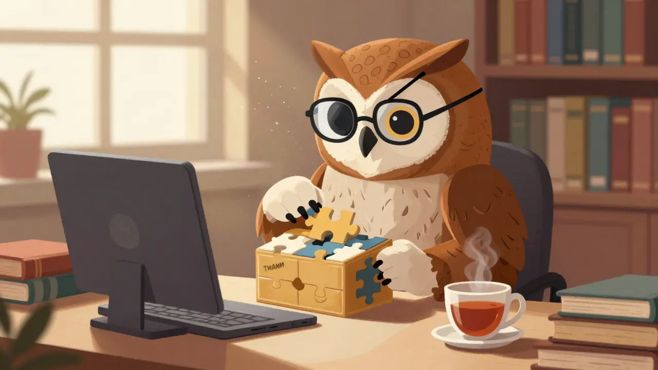 Wise owl examining a puzzle box in a cozy library, symbolizing smart trading tools.