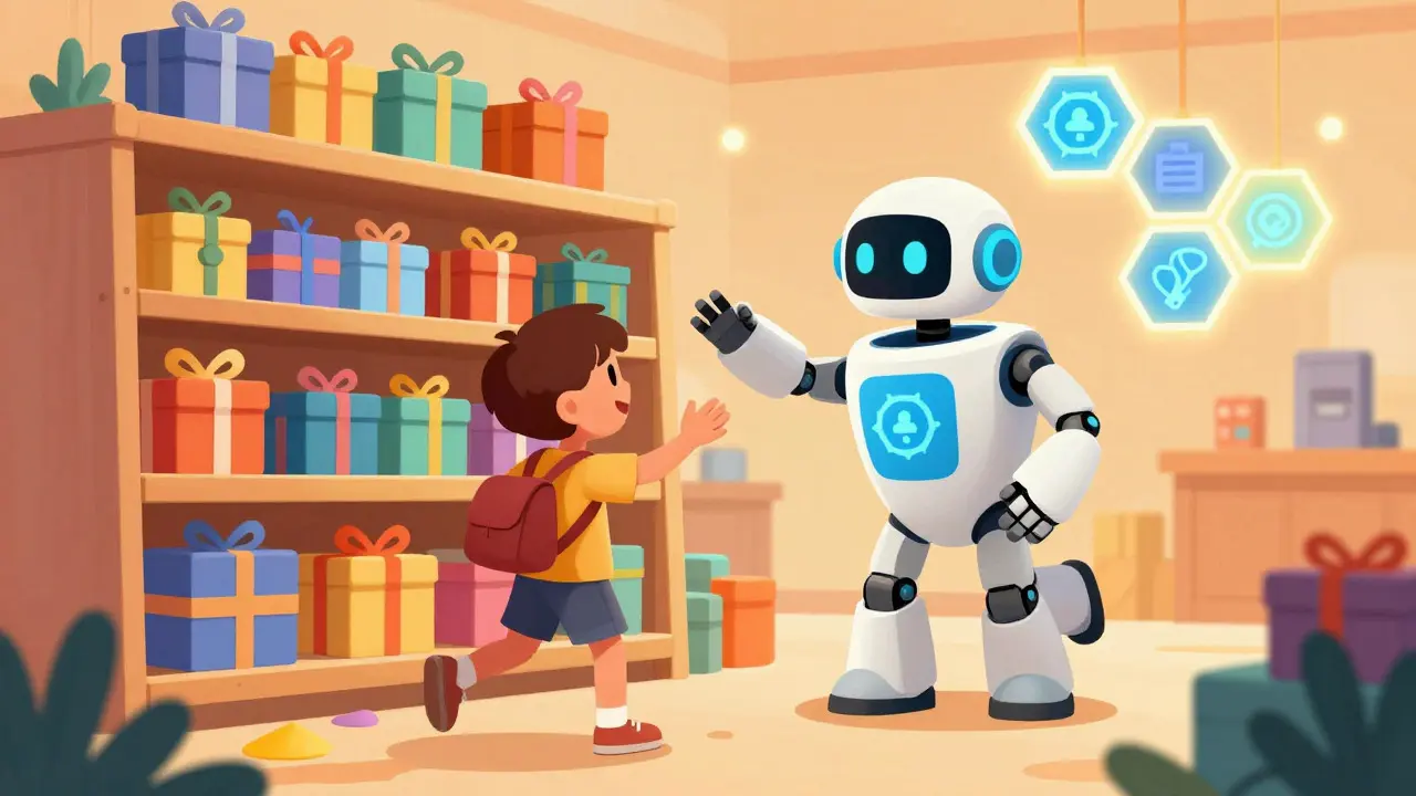 A cartoon fan selecting colorful gift boxes from a tech-themed shelf