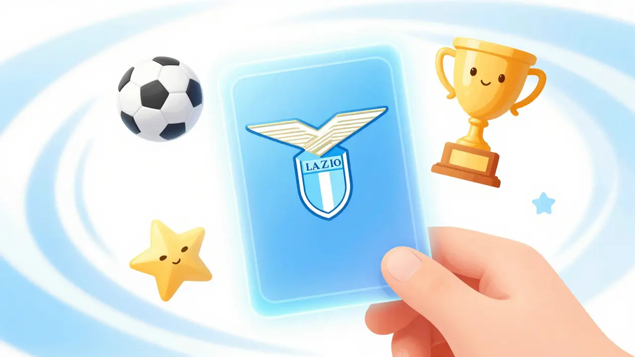 A child holding a glowing digital card surrounded by soccer icons