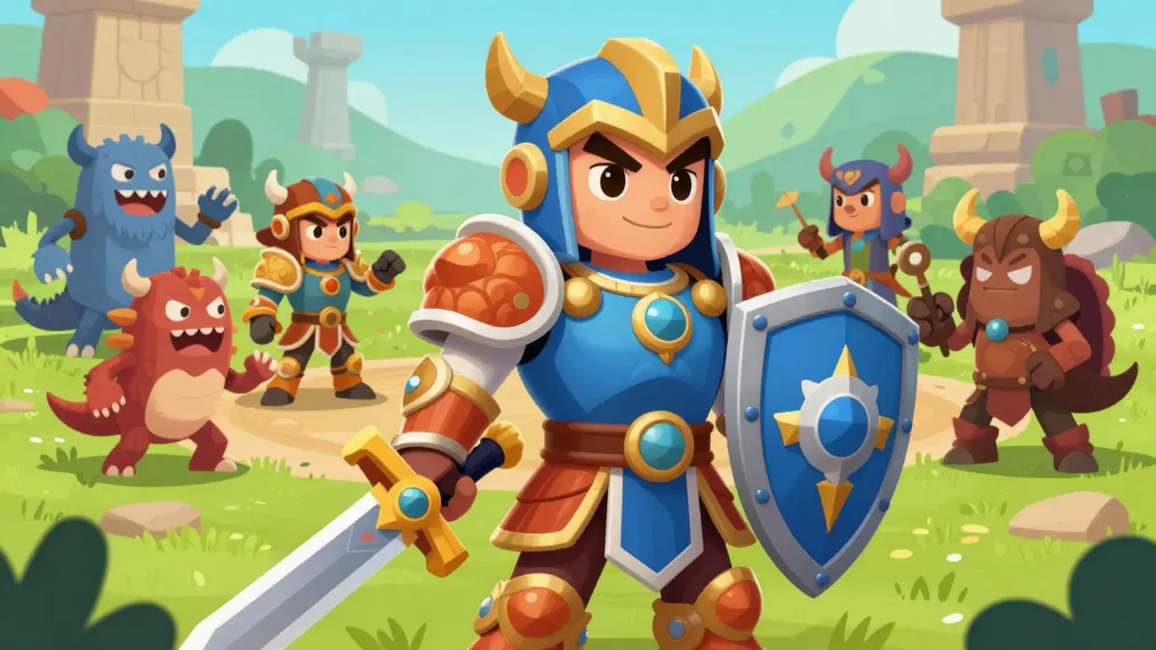 A colorful armored hero character ready for battle in a whimsical fantasy landscape.