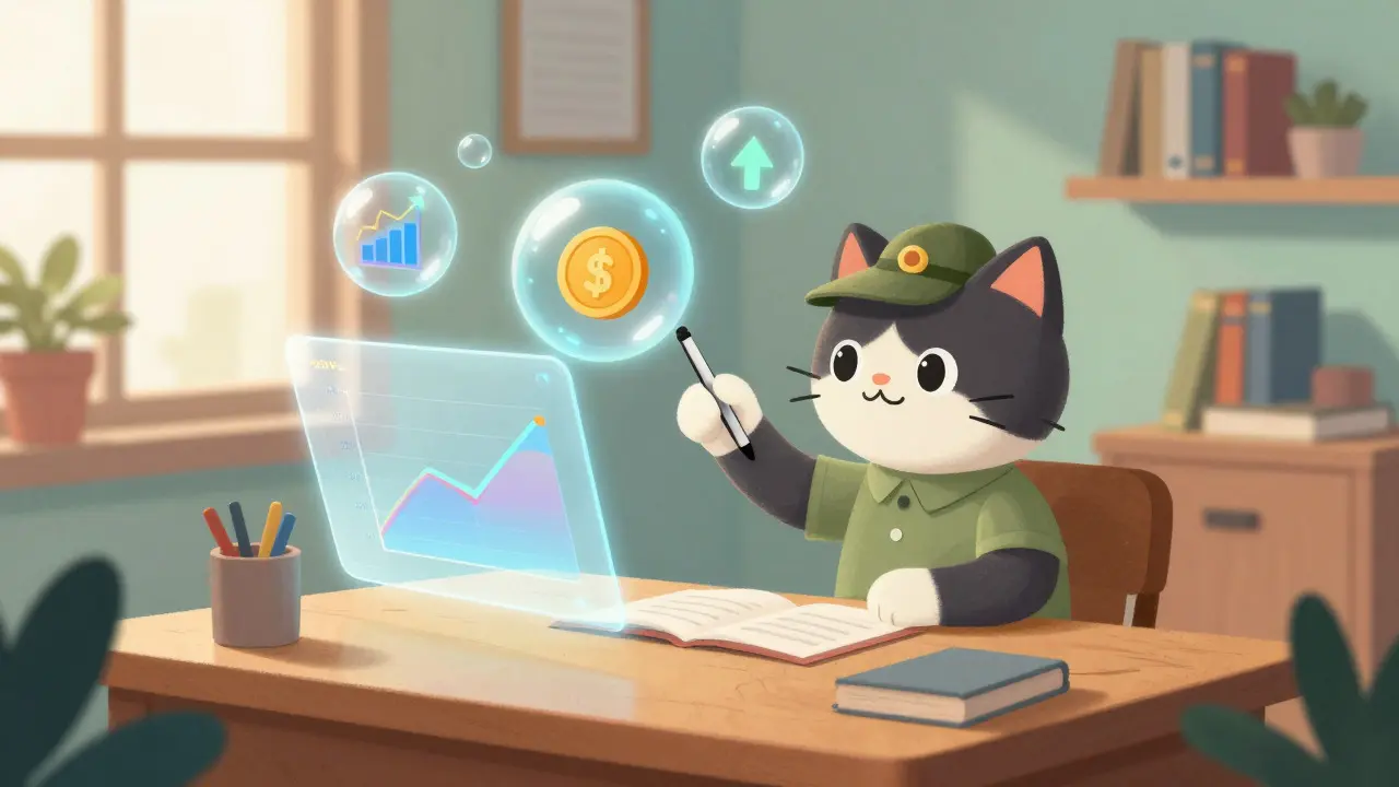 A detective cat analyzes floating data bubbles with a stylus at a cozy desk in a children's book style.