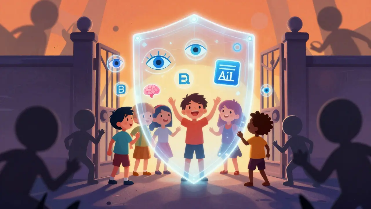 A glowing shield protecting happy characters from shadowy figures, symbolizing AI security
