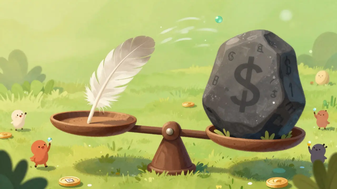 A magical scale showing low fees as a light feather versus high costs as a heavy rock
