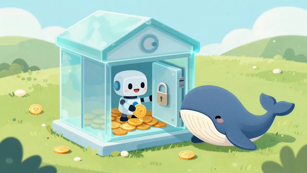 A robot depositing coins into a safe next to a friendly whale