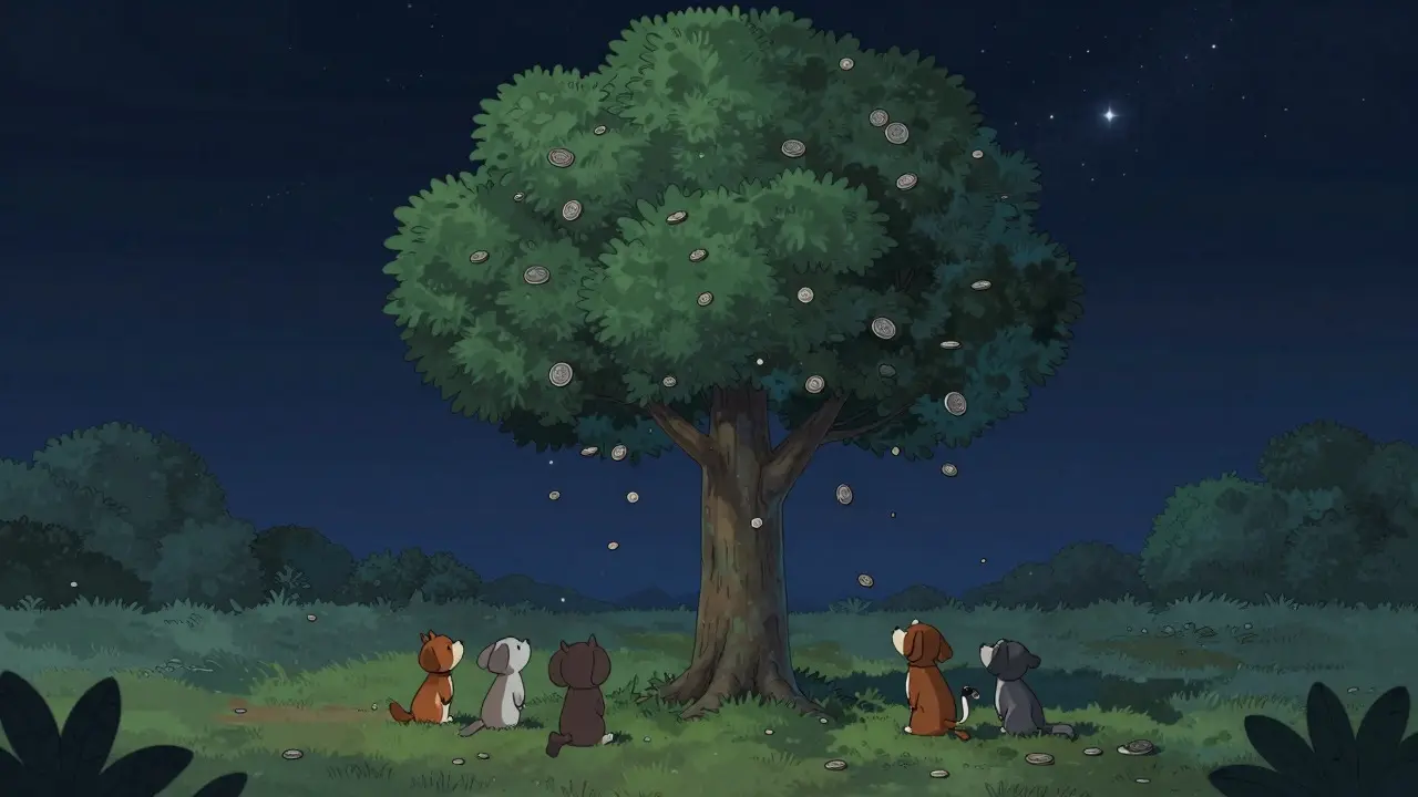 A weathered coin-tree in a quiet garden under a starry night sky