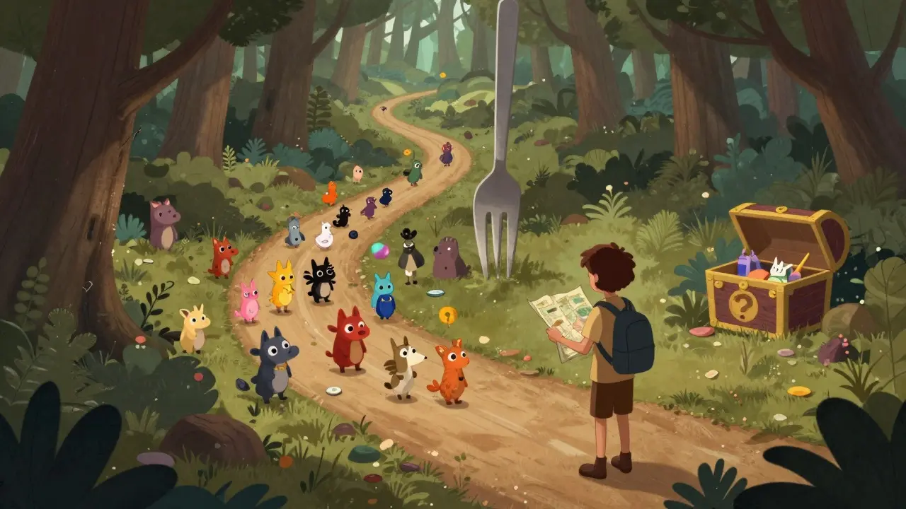 An explorer choosing between a busy main path and a quiet, risky side trail in a forest.