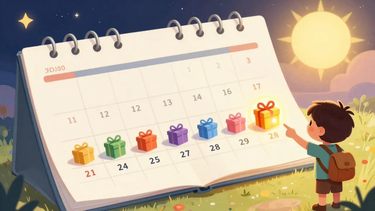 An explorer watching gift boxes appear on a timeline calendar