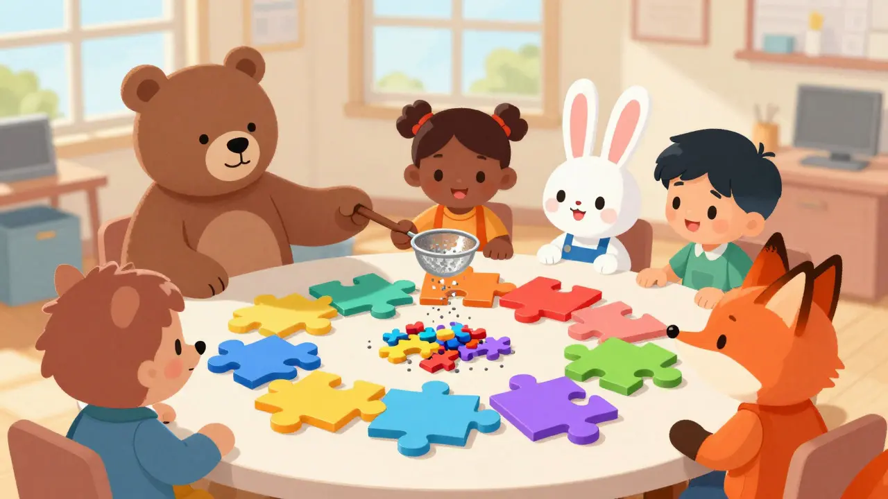 Animal characters build a data puzzle while filtering out noise in a bright workshop in a cartoon style.