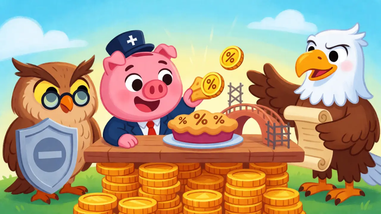 Cartoon animals representing regulators arguing over digital coins around a table
