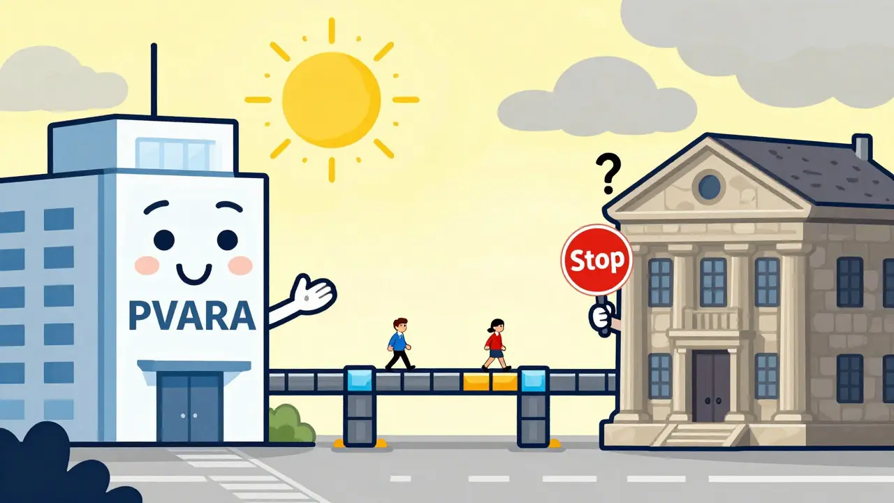 Cartoon bridge connecting a modern regulator building to a cautious bank.
