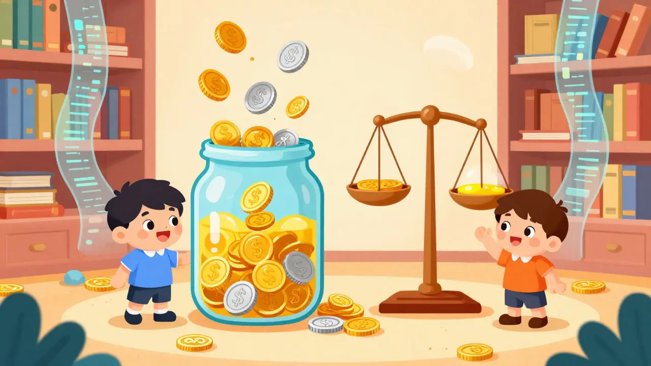 Cartoon characters managing colorful liquidity pool jars