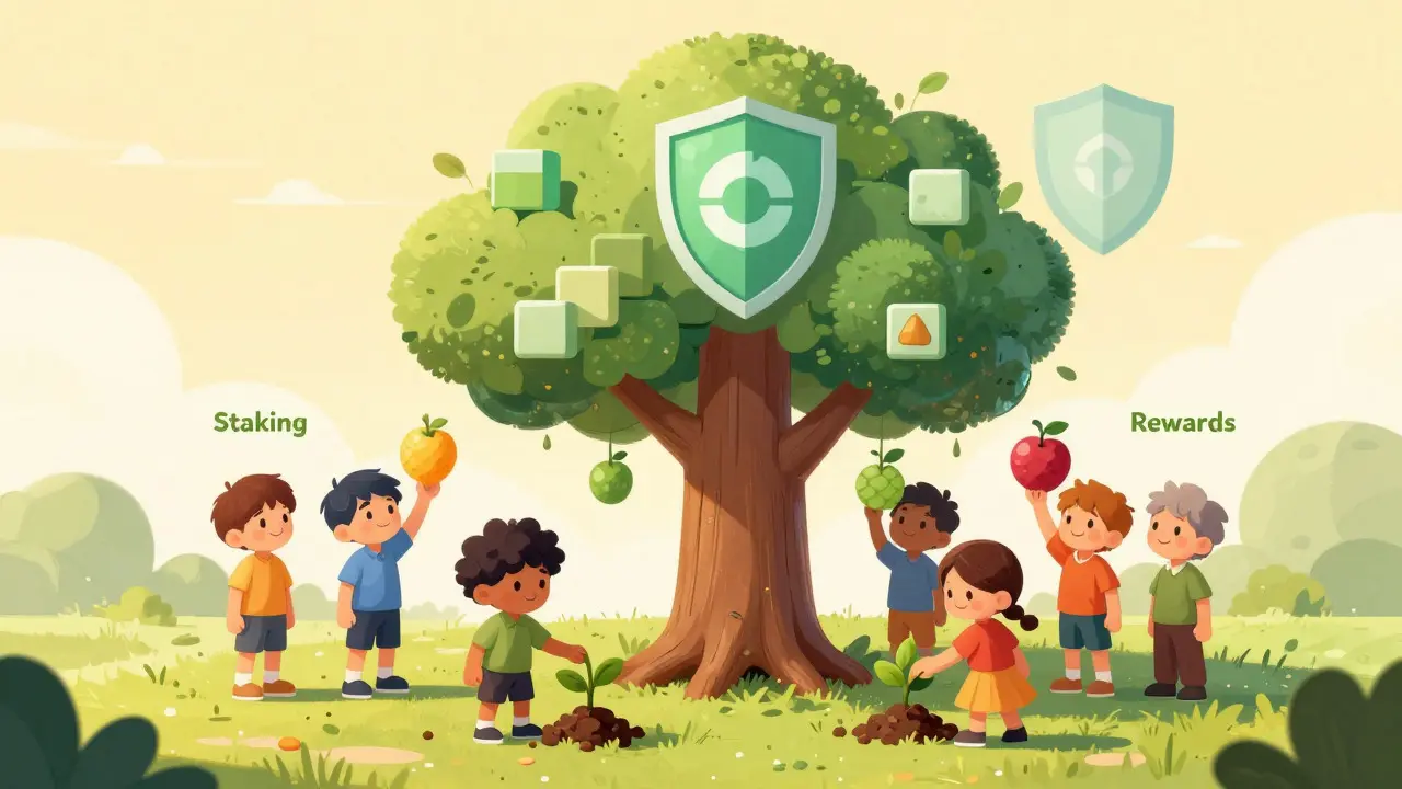 Cartoon characters staking tokens at the base of a block-based reward tree