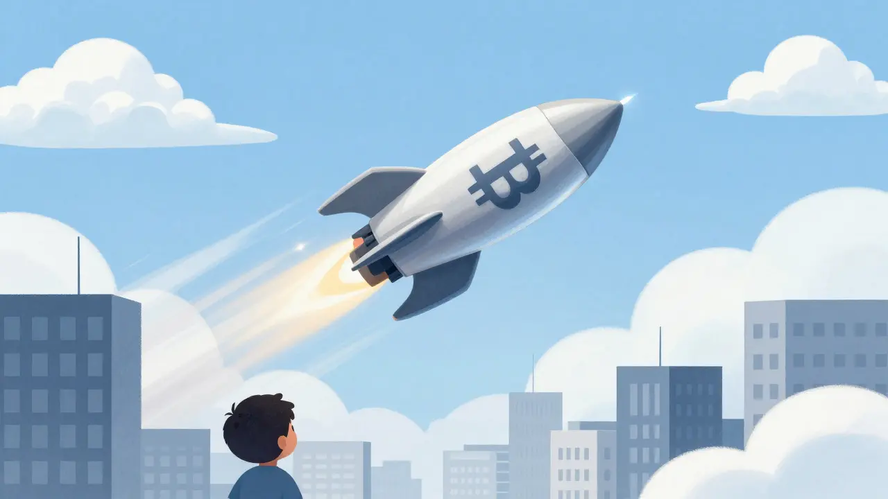 Cartoon rocket flying over a city skyline representing fast crypto trading