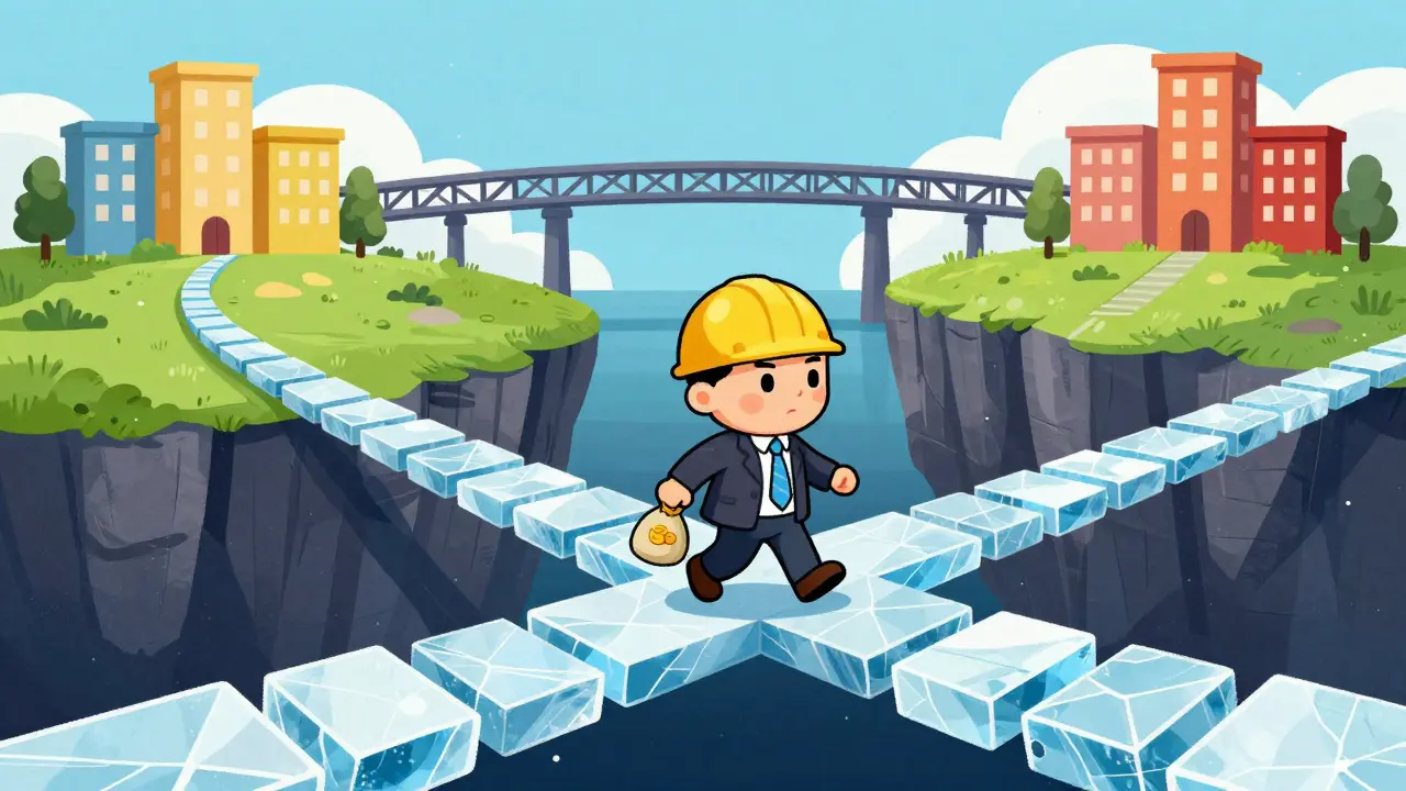 Character walking on a thin ice bridge over a dark abyss